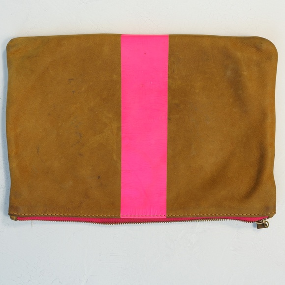Clare V - Foldover Clutch w/ Tabs in Camel Nubuck w/Neon Pink Stripes - Picture 3 of 5